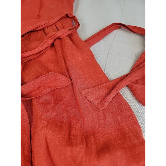 Grae Cove Linen Dress M Orange Wrap Tie Pockets V Neck Praire Cottagecore NEW - Picture 8 of 13